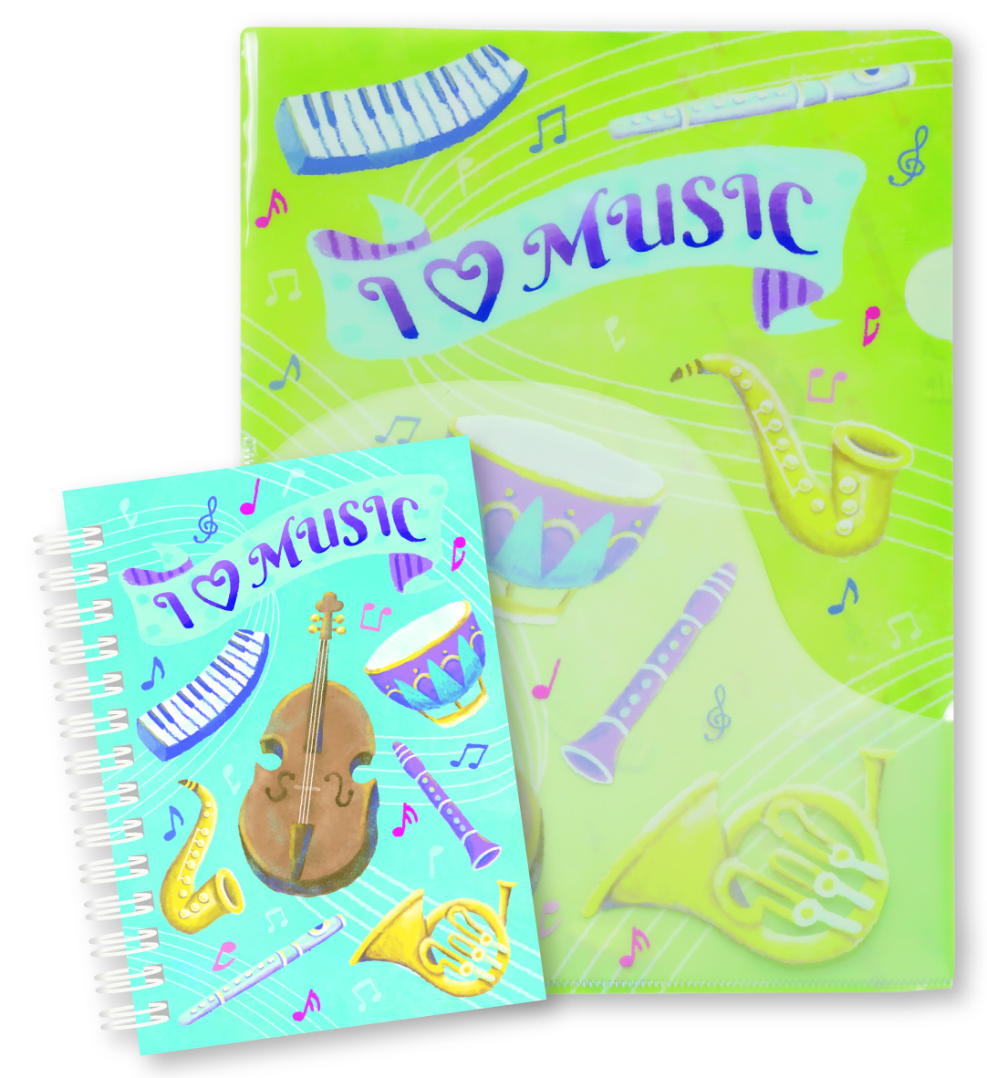 I LOVE MUSIC ポケットファイル&リングメモセット♪※在庫有りと書いてあっても、お取り寄せ商品は受注後にメーカー注文になります。※☆【音符・小物グッズ-音楽雑貨】【音楽雑貨】 音楽グッズ <br>バレエ発表会 記念品 プレゼントに最適 ♪